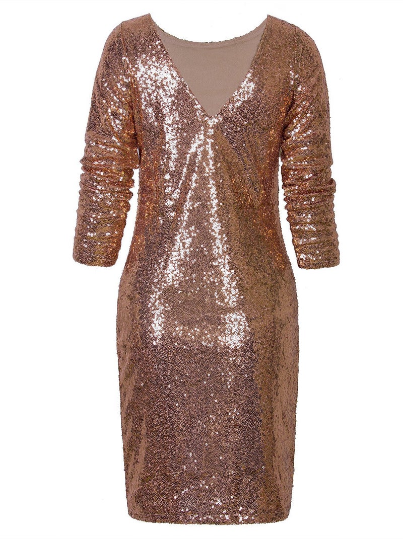 Vijiv Women's Sexy Deep V Neck Sequin Glitter Bodycon Stretchy Mini Party Dress,Gold,X-Large - Image 4